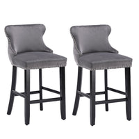 Thumbnail for 2x Velvet Upholstered Button Tufted Bar Stools with Wood Legs and Studs-Grey