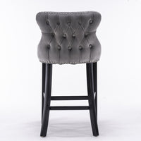 Thumbnail for 2x Velvet Upholstered Button Tufted Bar Stools with Wood Legs and Studs-Grey