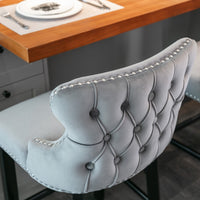 Thumbnail for 2x Velvet Upholstered Button Tufted Bar Stools with Wood Legs and Studs-Grey