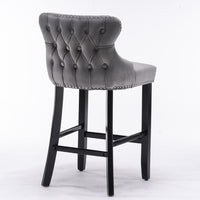 Thumbnail for 2x Velvet Upholstered Button Tufted Bar Stools with Wood Legs and Studs-Grey