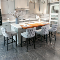 Thumbnail for 2x Velvet Upholstered Button Tufted Bar Stools with Wood Legs and Studs-Grey