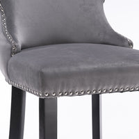 Thumbnail for 2x Velvet Upholstered Button Tufted Bar Stools with Wood Legs and Studs-Grey