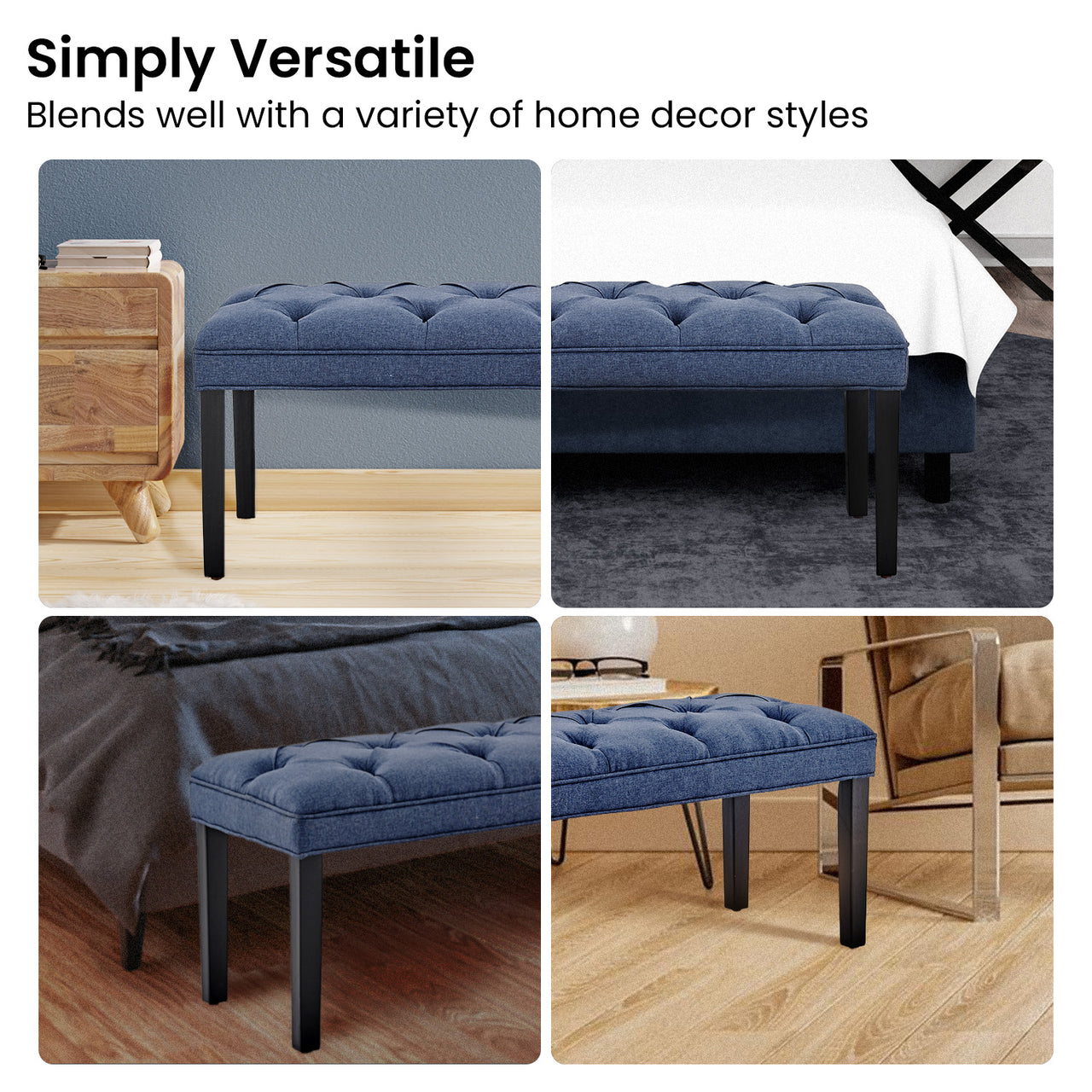 Sarantino Cate Button-tufted Upholstered Bench With Tapered Legs By Sarantino - Blue Linen