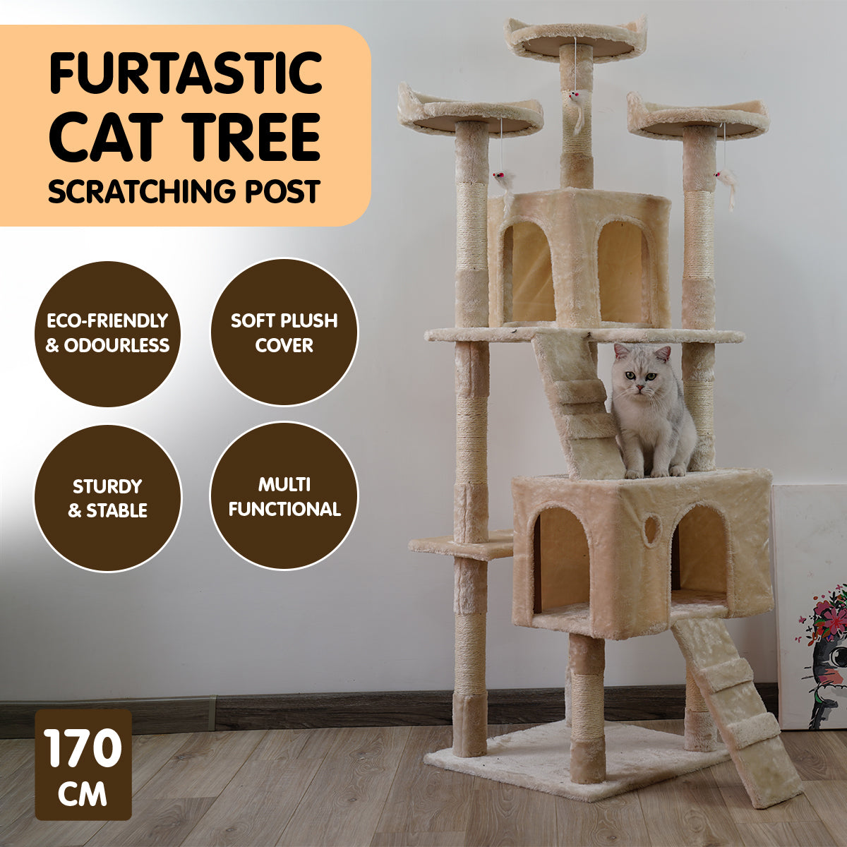 Furtastic 170cm Beige Cat Tree - Premium Scratching Post & Feline Relaxation Tower