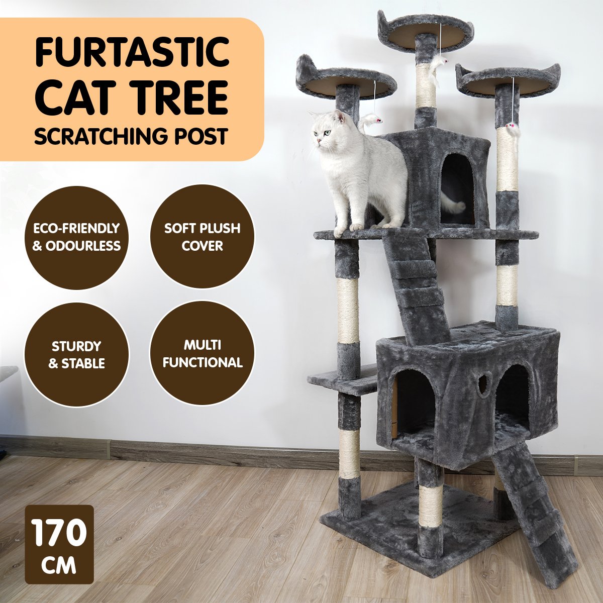 Furtastic 170cm Dark Grey Cat Tree - Deluxe Scratching Post & Feline Lounge Tower