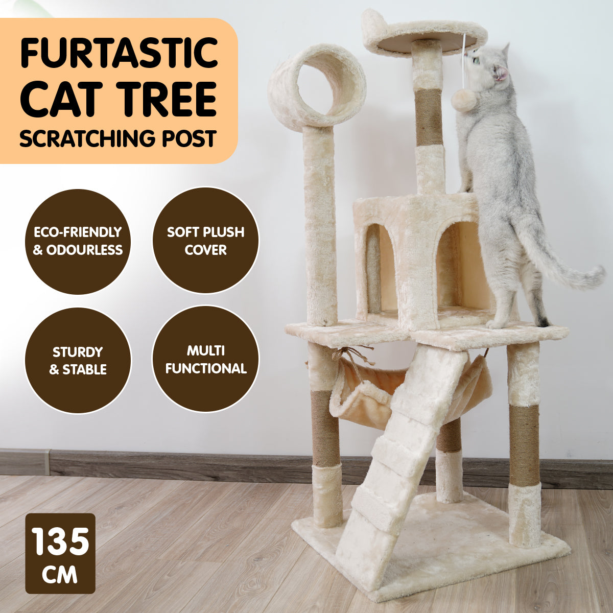 Furtastic 135cm Beige Cat Tree - Deluxe Scratching Post & Feline Relaxation Tower