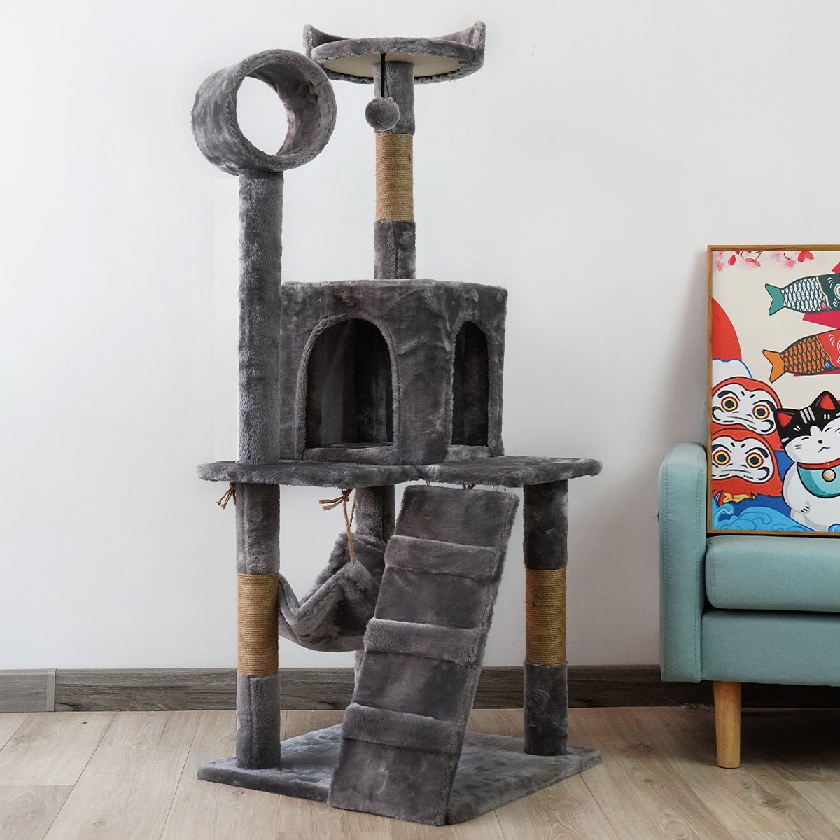 Furtastic 135cm Dark Grey Cat Tree - Premium Scratching Post & Feline Leisure Tower