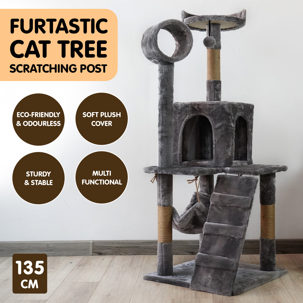 Furtastic 135cm Dark Grey Cat Tree - Premium Scratching Post & Feline Leisure Tower