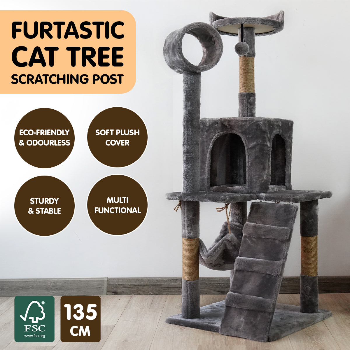 Furtastic 135cm Dark Grey Cat Tree - Premium Scratching Post & Feline Leisure Tower