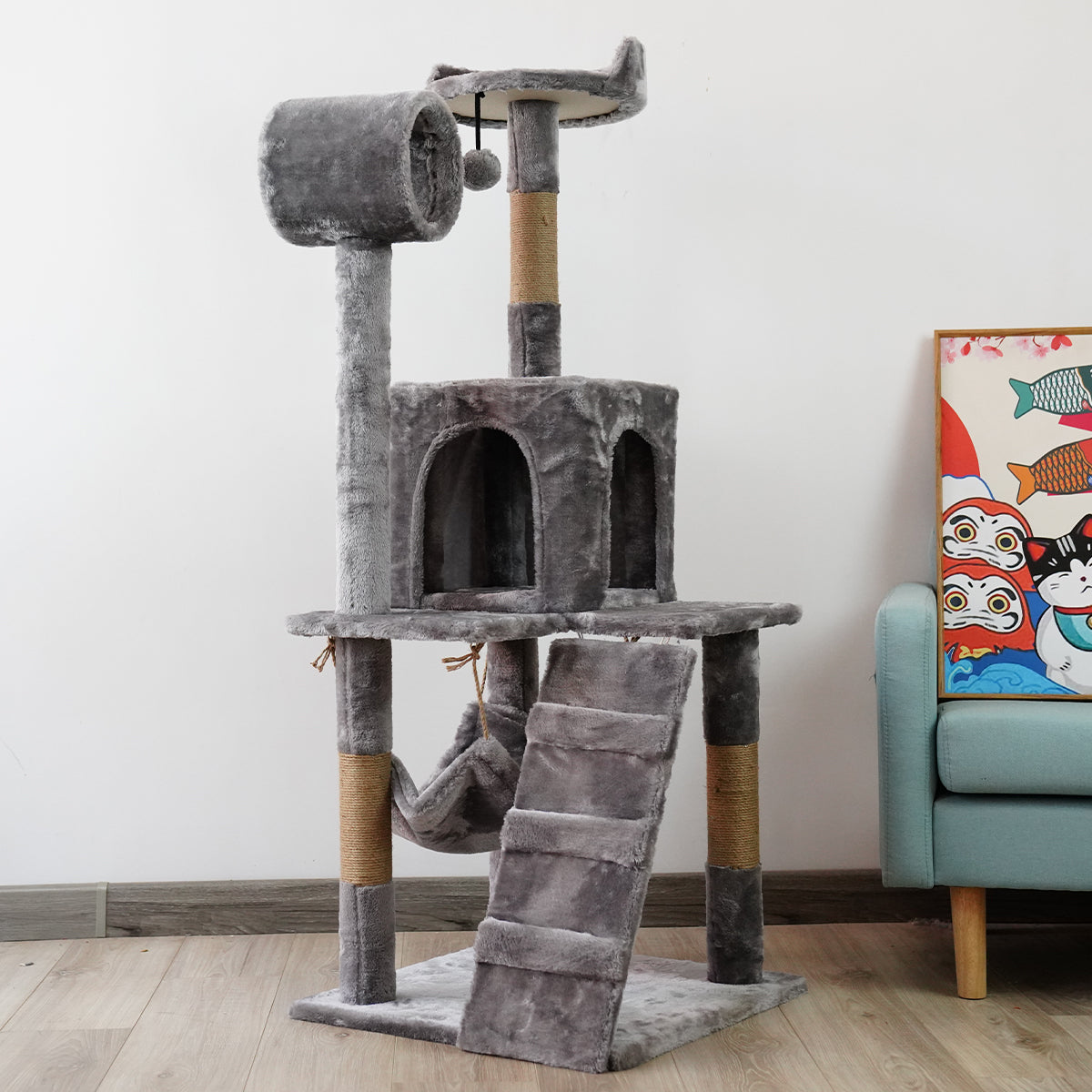 Furtastic 135cm Silver Grey Cat Tree - Deluxe Scratching Post & Feline Lounge Platform