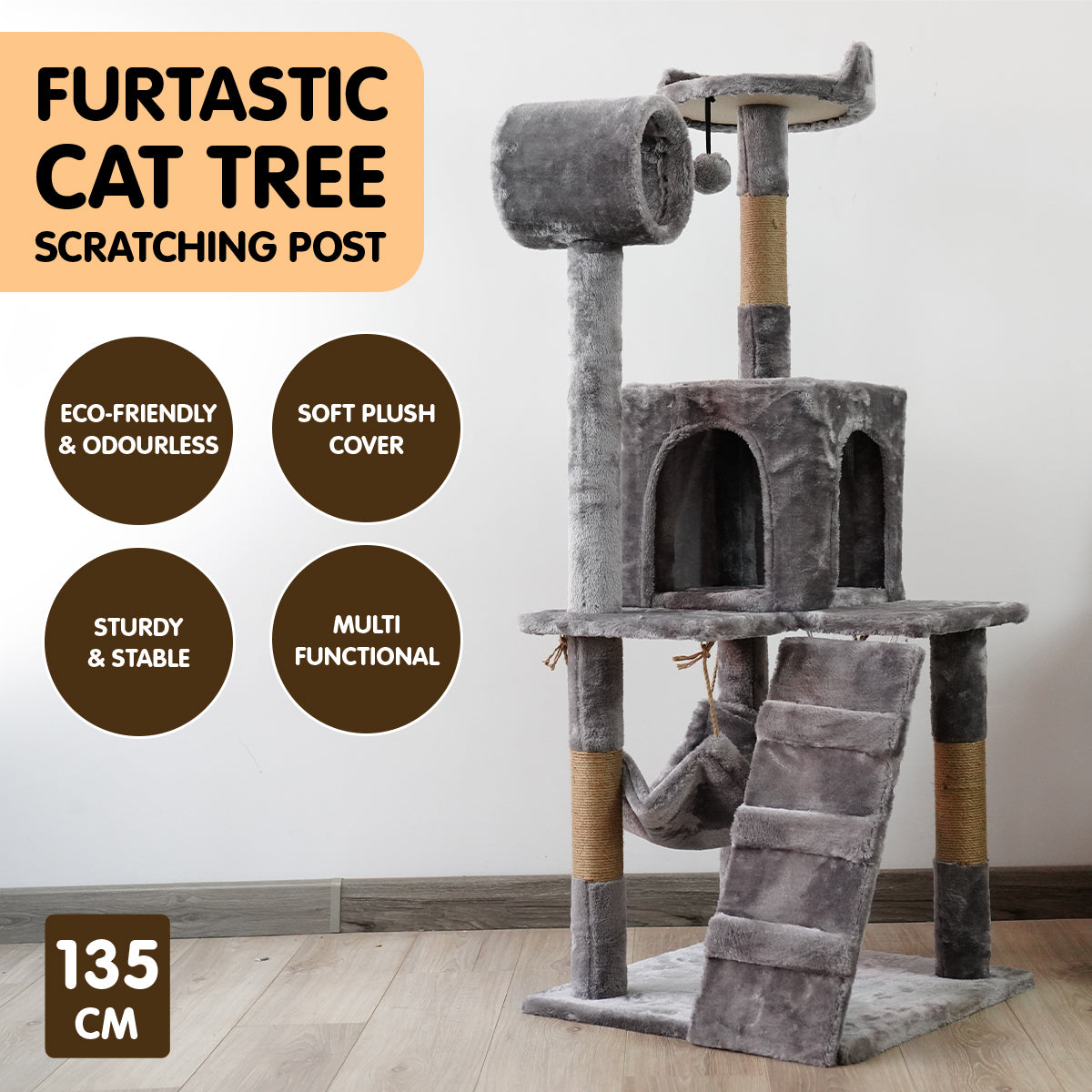 Furtastic 135cm Silver Grey Cat Tree - Deluxe Scratching Post & Feline Lounge Platform