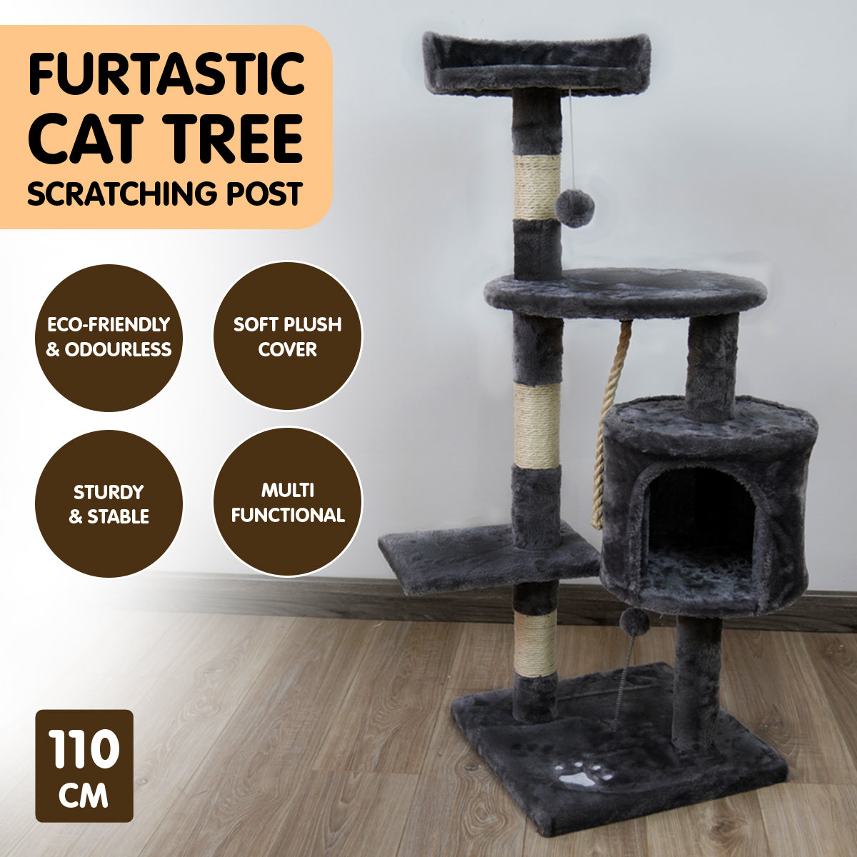 Furtastic 110cm Dark Grey Cat Tree - Premium Scratching Post & Feline Lounge Structure