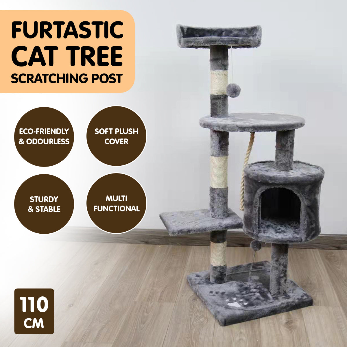 Furtastic 110cm Silver Grey Cat Tree - Deluxe Scratching Post & Feline Resting Oasis