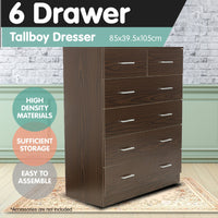 Thumbnail for Sarantino Tallboy Dresser 6 Chest Of Drawers Cabinet 85 X 39.5 X 105 - Brown