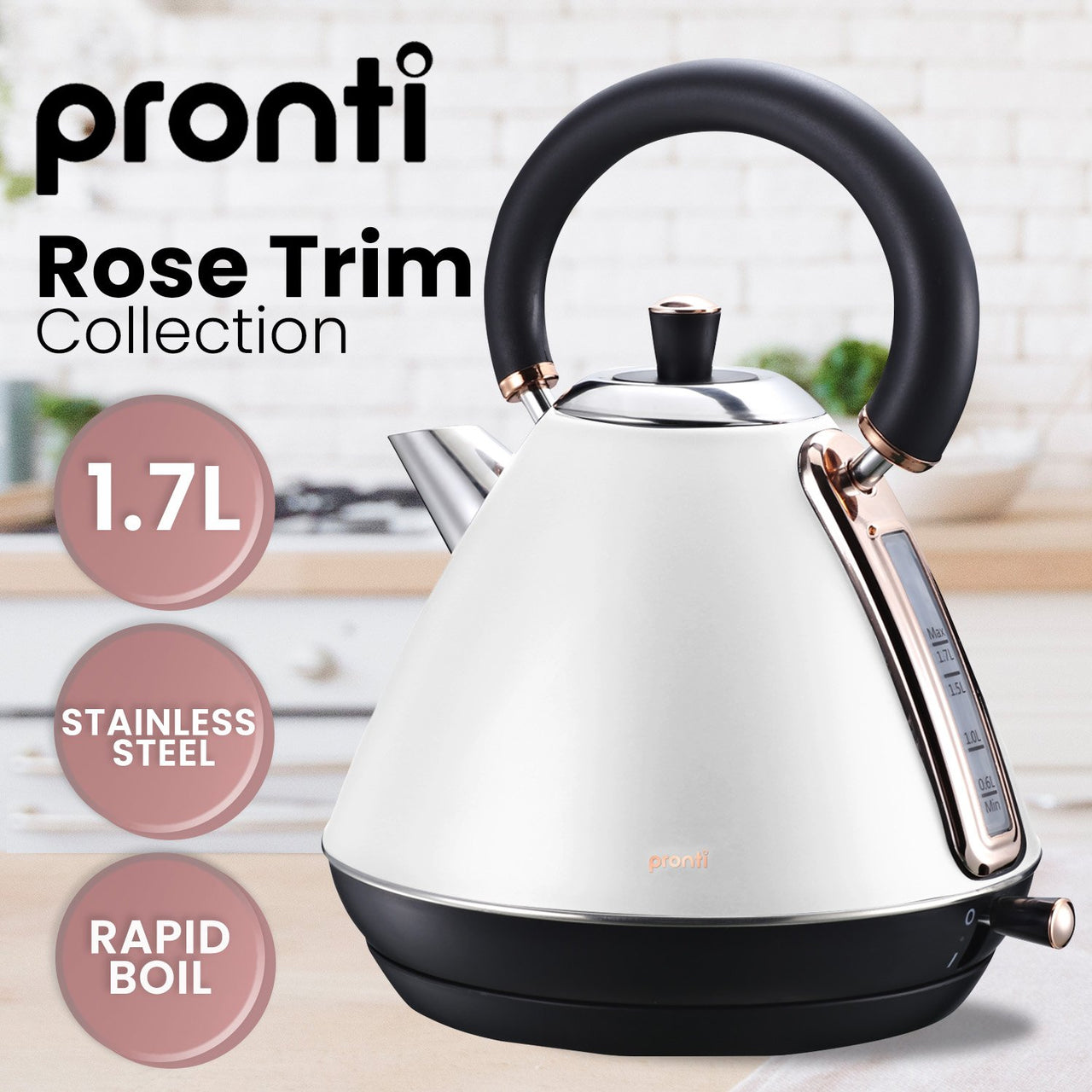 Pronti 1.7l Rose Trim Collection Kettle - White