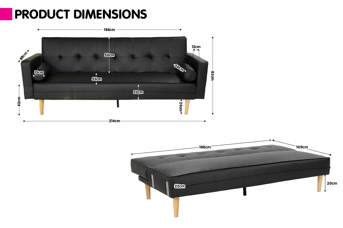 Sarantino Madison Faux Leather Sofa Bed Lounge Couch Futon Furniture Home Suite - Black