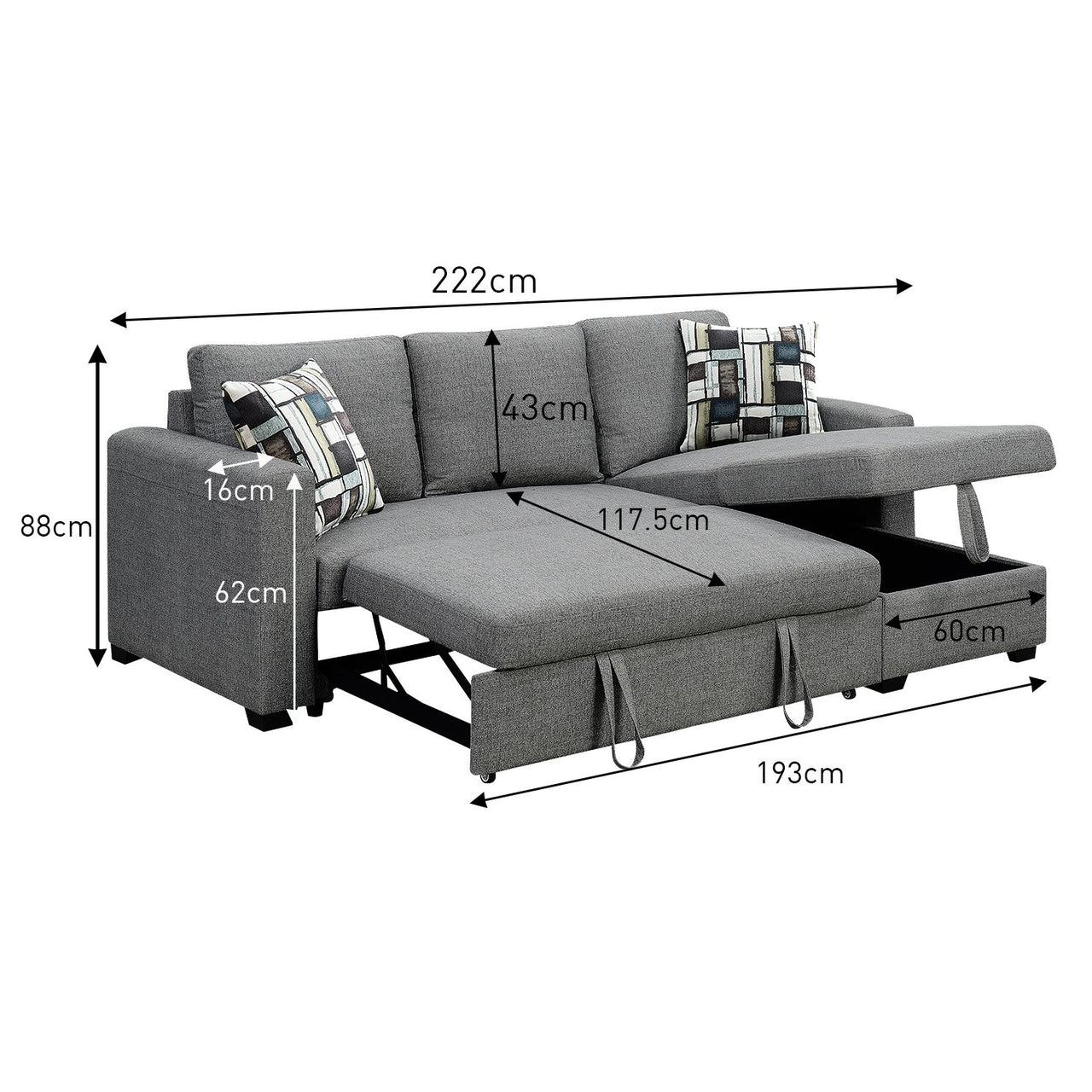 Sarantino Fontana Pullout Sofa Bed with Storage Chaise Lounge - Grey