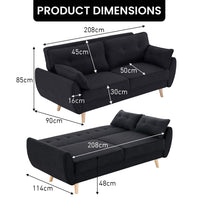 Thumbnail for Sarantino 3 Seater Modular Linen Fabric Sofa Bed Couch Futon Suite - Black