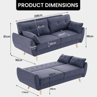 Thumbnail for Sarantino 3 Seater Modular Linen Fabric Sofa Bed Couch Futon Suite - Dark Grey