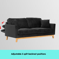 Thumbnail for Sarantino 3 Seater Faux Velvet Wooden Sofa Bed Couch Furniture - Black