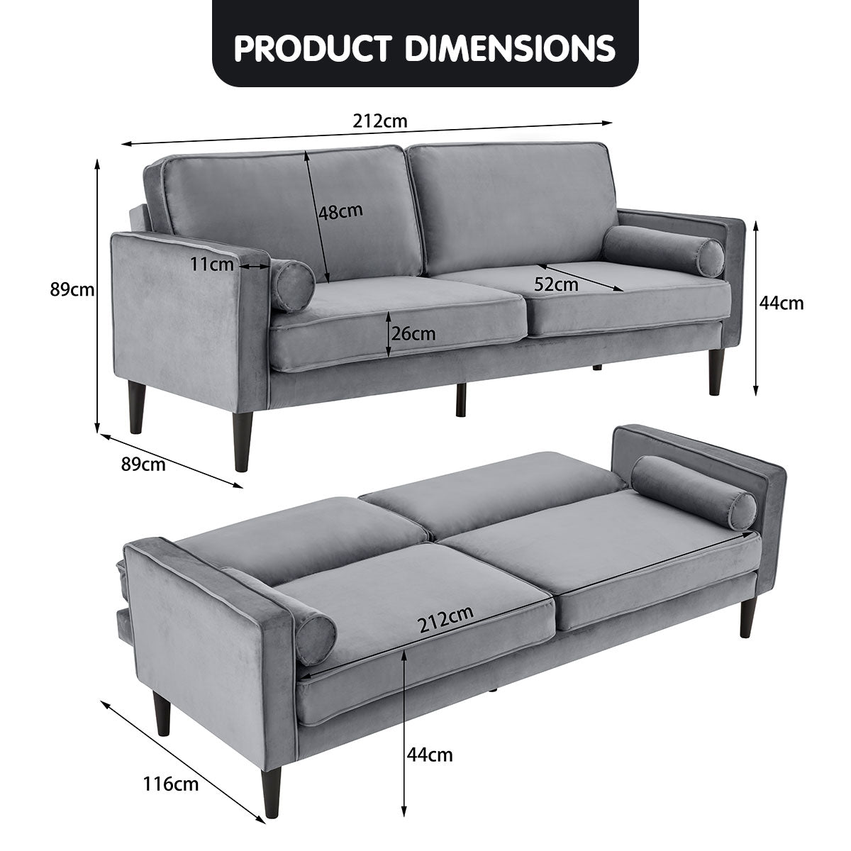 Sarantino Faux Velvet Sofa Bed Couch Furniture Lounge Suite Seat Grey