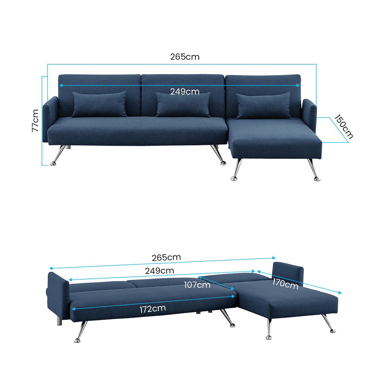 Sarantino Mia 3-Seater Sofa Bed with Chaise & 3 Pillows - Blue