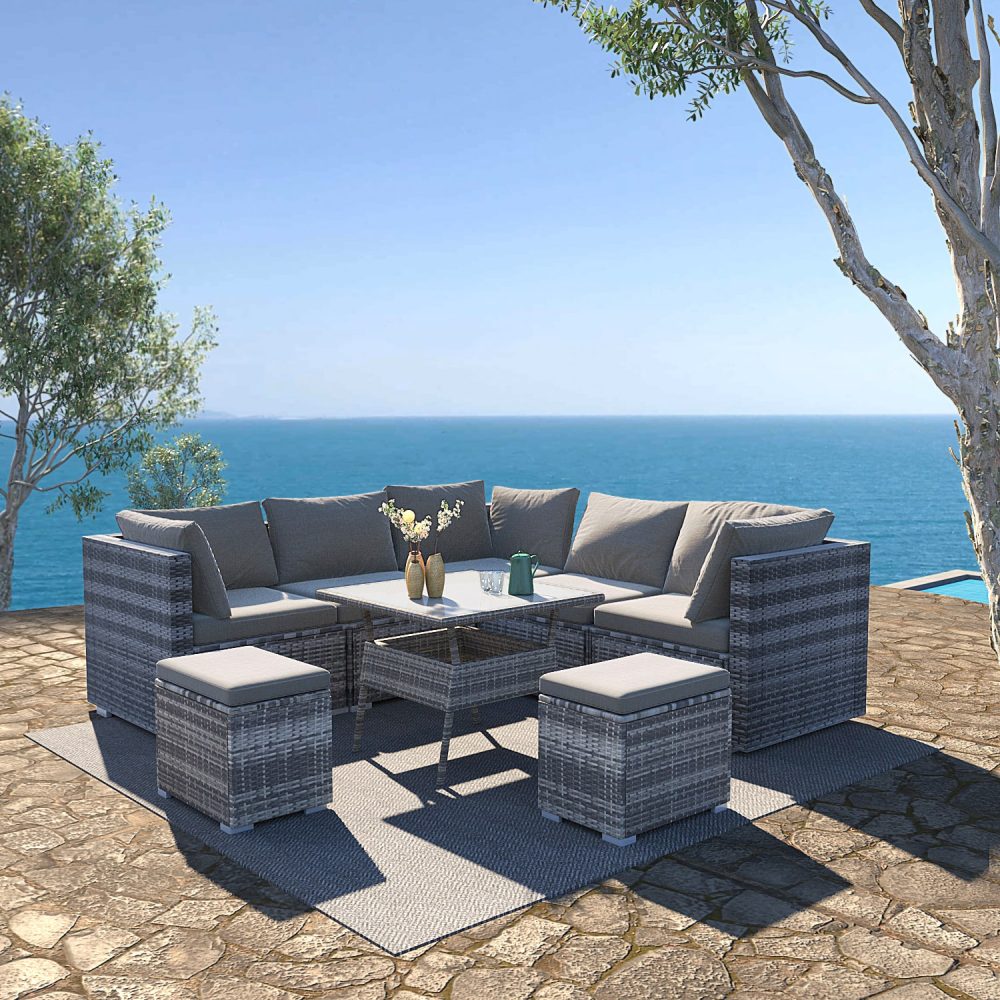 8PC Outdoor Dining Set Wicker Table &amp; Chairs-Grey