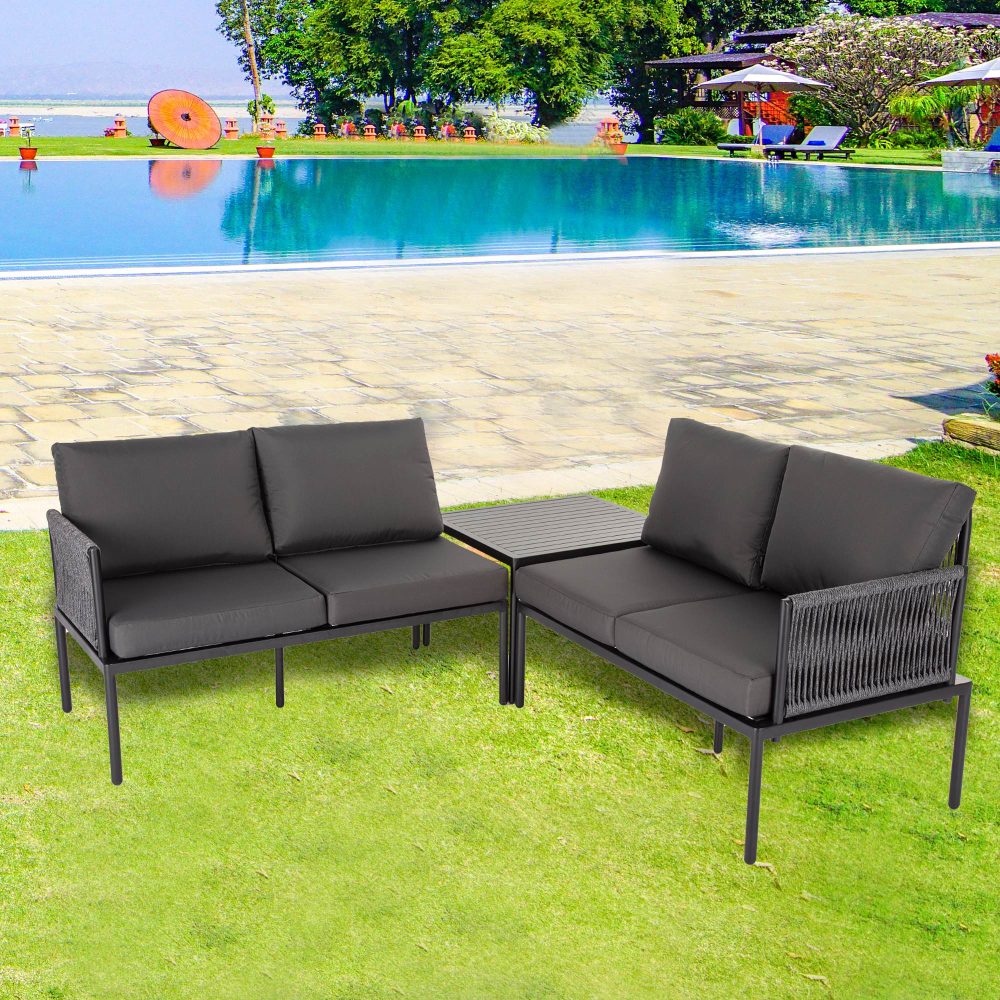 Eden 4-Seater Outdoor Lounge Set with Coffee Table in Black &#8211; Stylish Textile and Rope Design