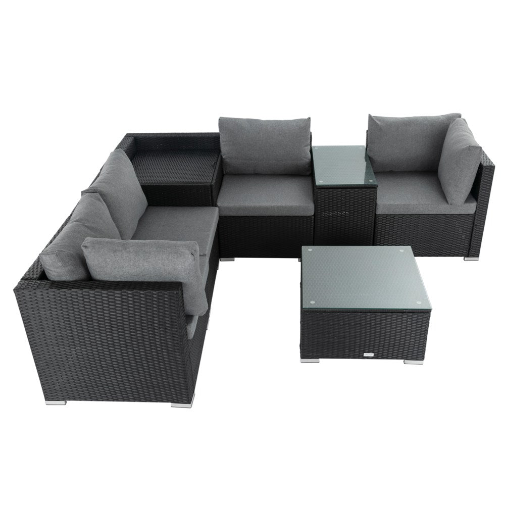 7PC Outdoor Wicker Loveseat Setting with Storage Corner (Black)