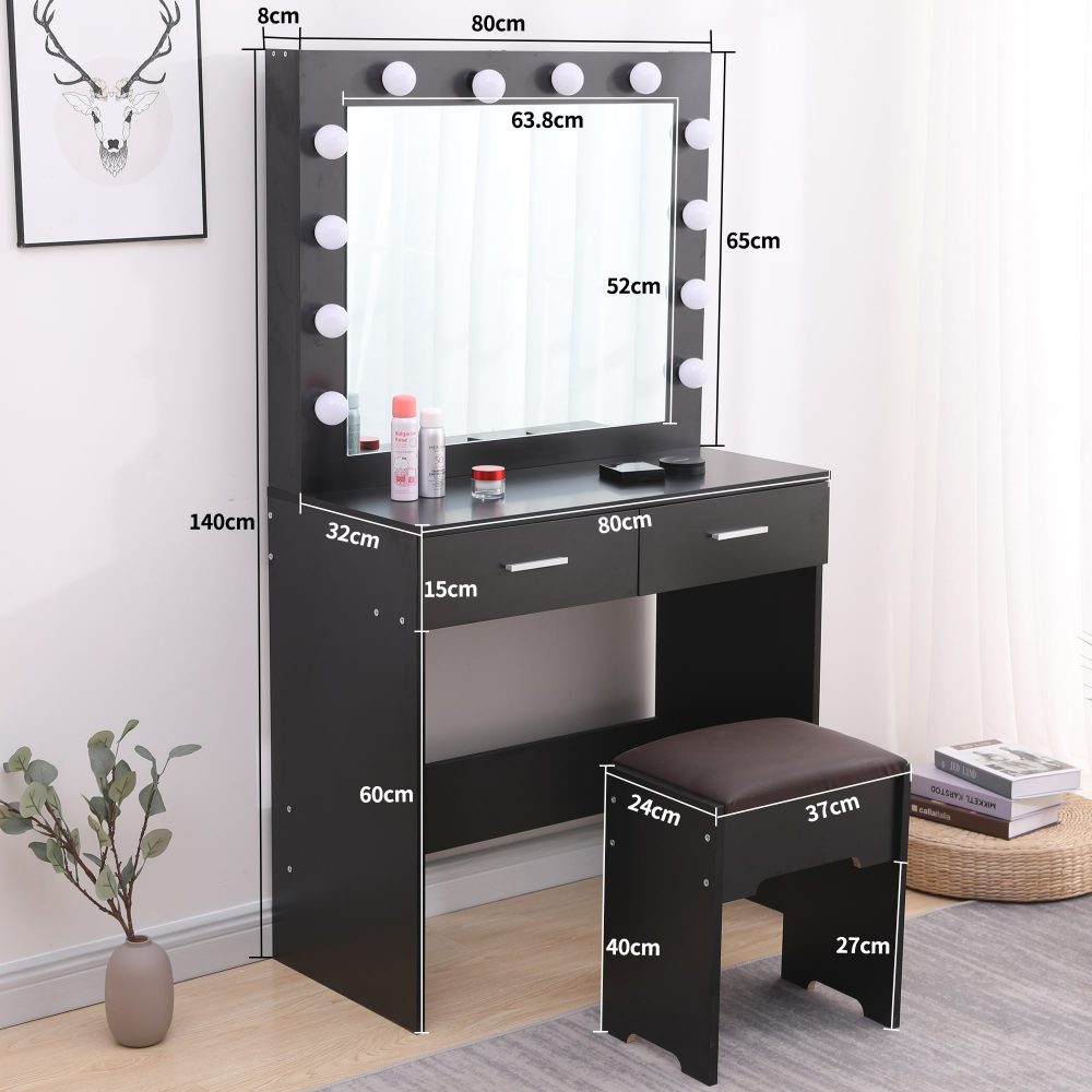 Fidel Vanity Set with Cushioned Stool and Lighted Mirror- Black