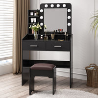 Thumbnail for Diana Vanity Set with Shelves Cushioned Stool and Lighted Mirror- Black