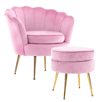 Thumbnail for La Bella Shell Scallop Pink Armchair Accent Chair Velvet + Round Ottoman Footstool