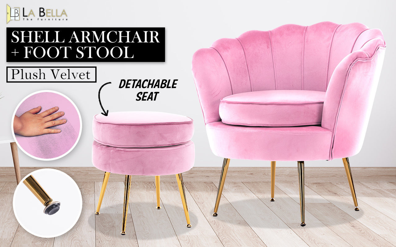 La Bella Shell Scallop Pink Armchair Accent Chair Velvet + Round Ottoman Footstool