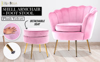 Thumbnail for La Bella Shell Scallop Pink Armchair Accent Chair Velvet + Round Ottoman Footstool