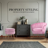 Thumbnail for La Bella Shell Scallop Pink Armchair Accent Chair Velvet + Round Ottoman Footstool