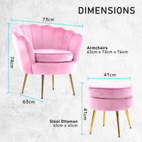 Thumbnail for La Bella Shell Scallop Pink Armchair Accent Chair Velvet + Round Ottoman Footstool