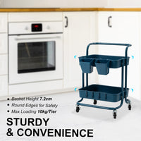 Thumbnail for Kandoka 2 Tier Blue Trolley Cart Storage Utility Rack Organiser Swivel Kitchen