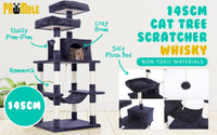 Thumbnail for Paw Mate 145cm Grey Cat Tree WHISKY Sisal Scratching Post Scratcher Pole Condo House Tower