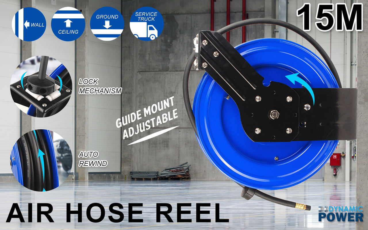 Dynamic Power Air Hose Reel Automotive Industrial 15m Retractable Rewind