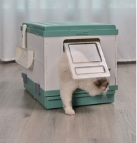 Thumbnail for YES4PETS XL Portable Cat Toilet Litter Box Tray Foldable House with Handle and Scoop Green