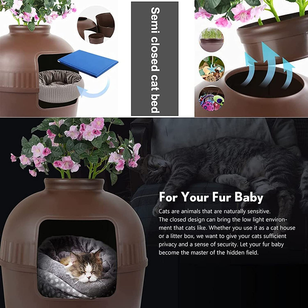 YES4PETS Multifunctional Cat Litter Box Pet Cat House Semi-Enclosed Brown