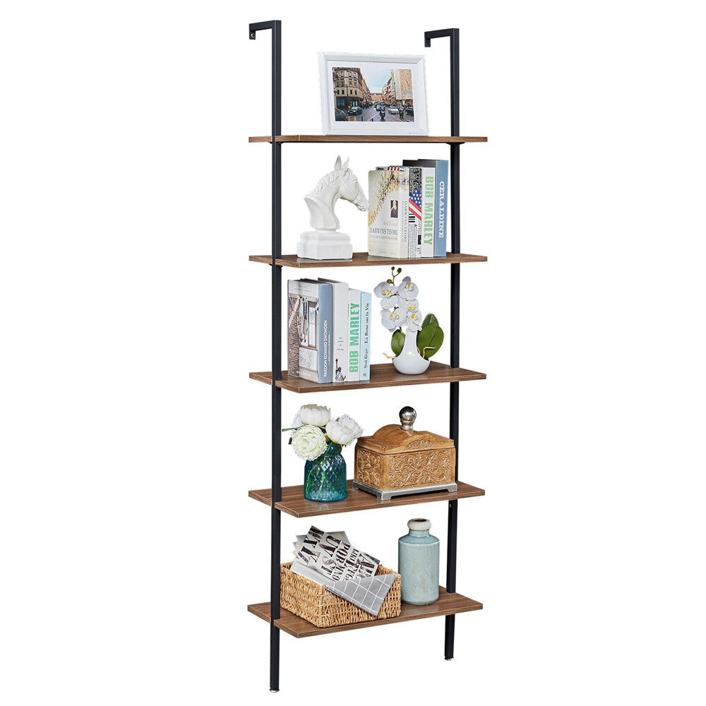 YES4HOMES 5-Tier Wall-Mounted Industrial Ladder Shelf - Sturdy Wood & Metal Bookcase for Home & Office