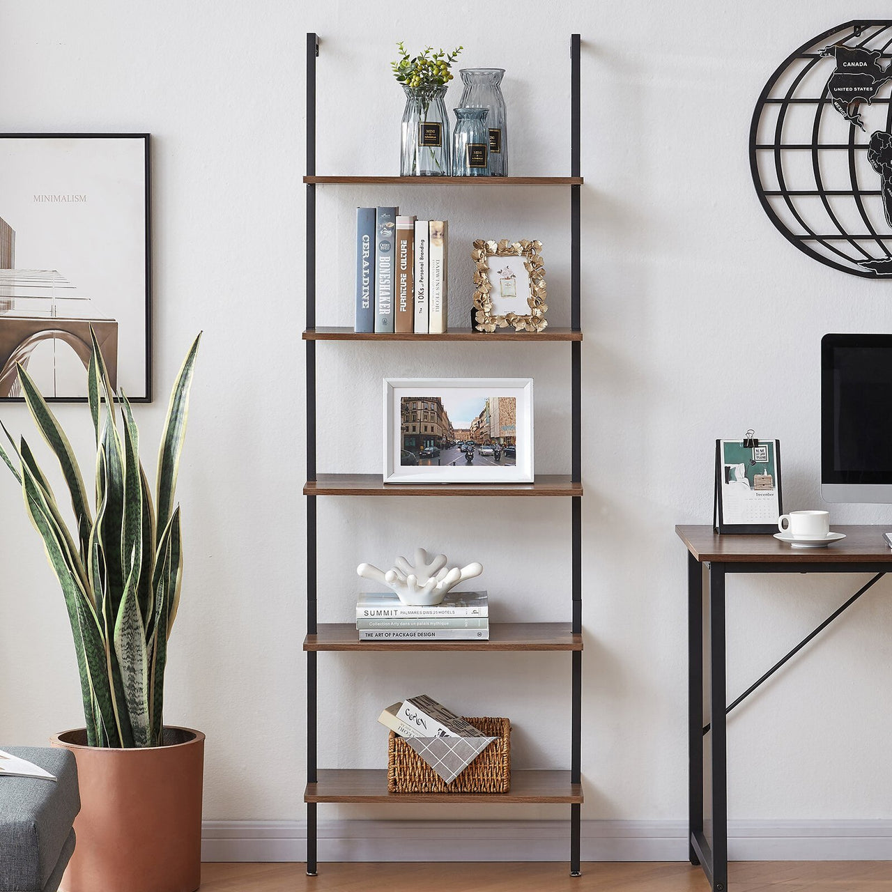 YES4HOMES 5-Tier Wall-Mounted Industrial Ladder Shelf - Sturdy Wood & Metal Bookcase for Home & Office