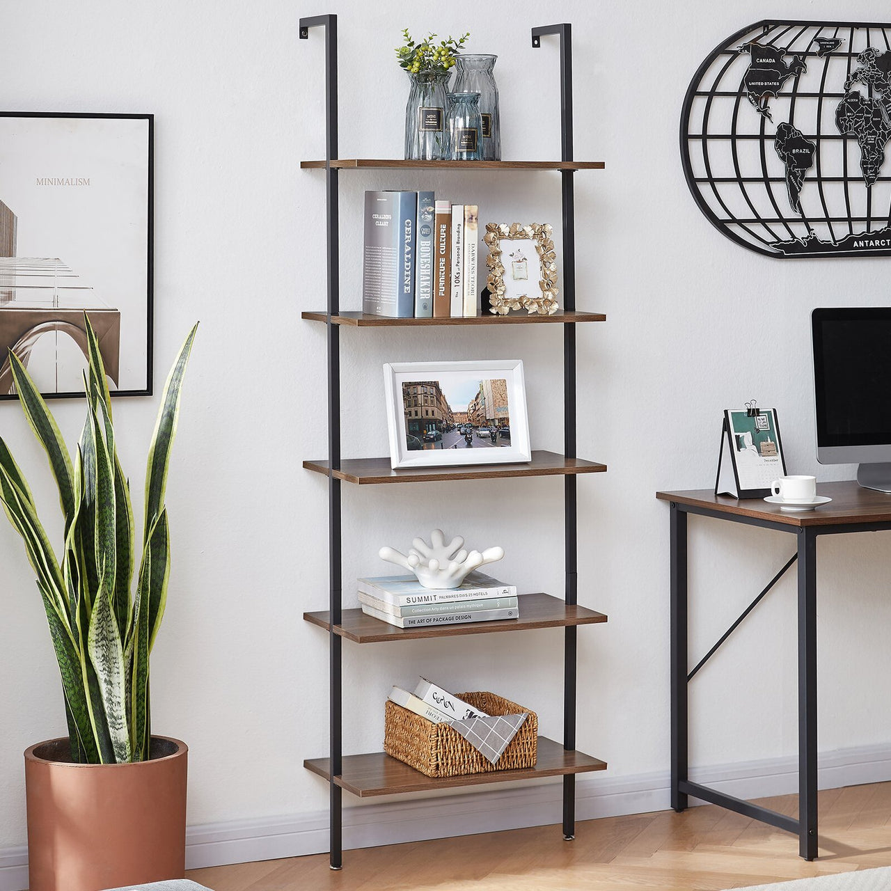 YES4HOMES 5-Tier Wall-Mounted Industrial Ladder Shelf - Sturdy Wood & Metal Bookcase for Home & Office