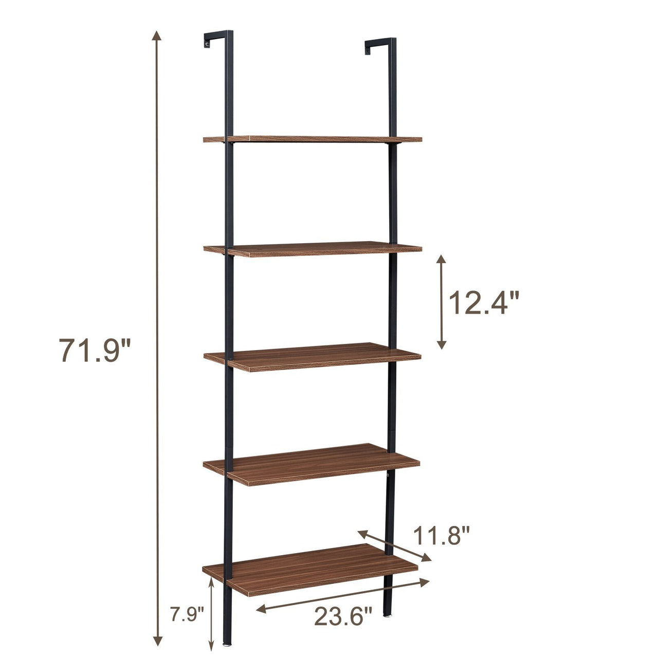 YES4HOMES 5-Tier Wall-Mounted Industrial Ladder Shelf - Sturdy Wood & Metal Bookcase for Home & Office