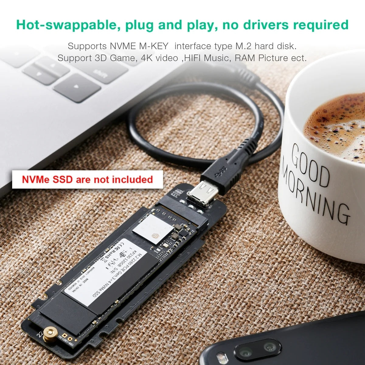 CHOETECH PC-HDE02 M.2 to USB SSD Reader (Enclosure only) Supports M-Key (PCI-E NVMe-based)