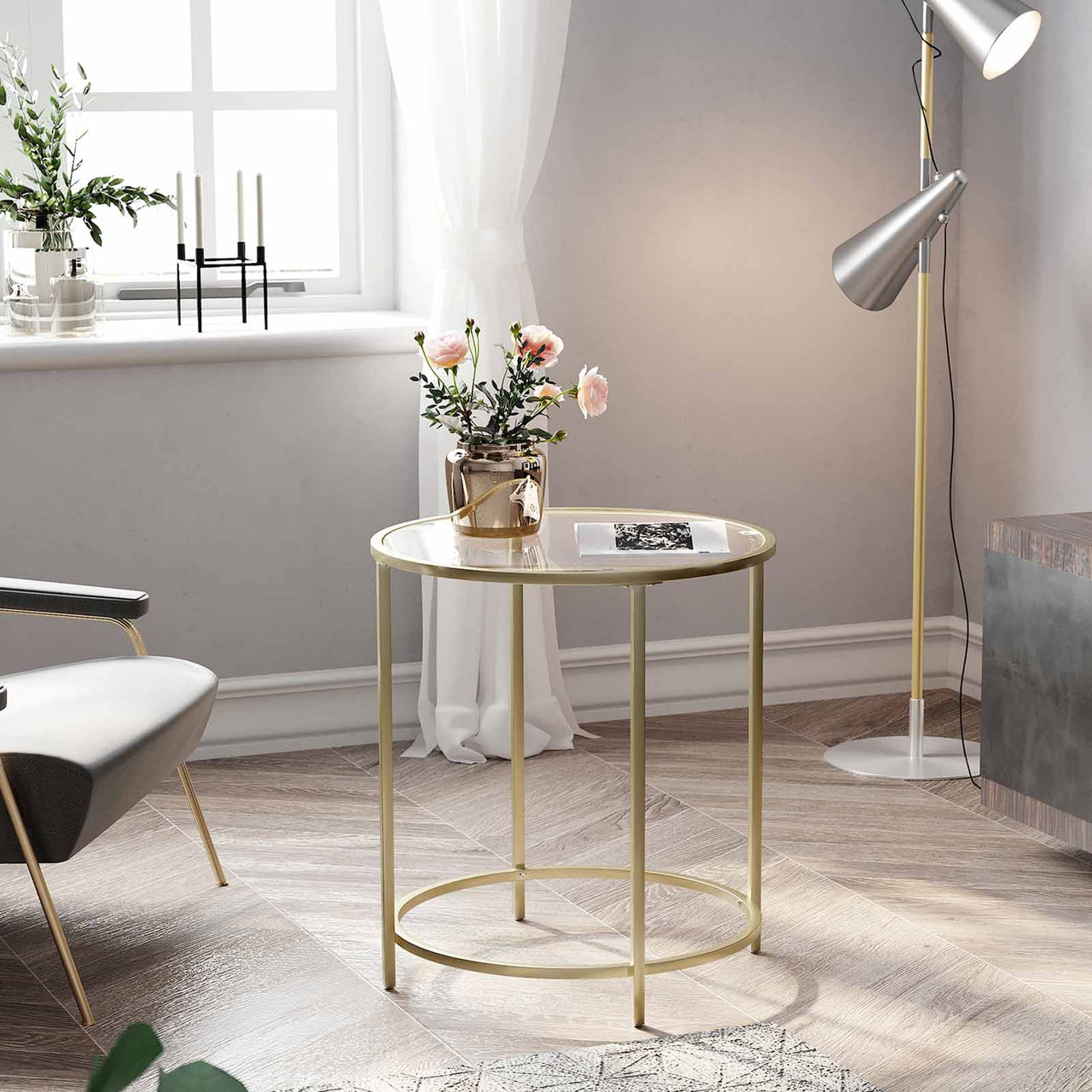 VASAGLE Round Side Table with Tempered Glass Top