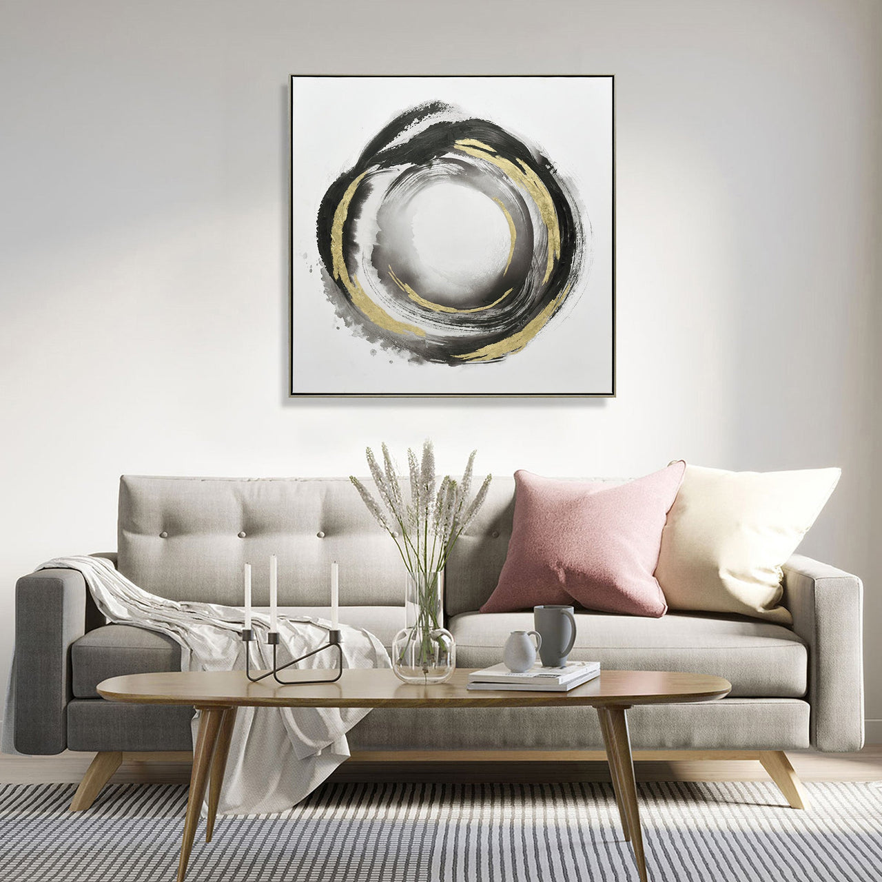 100X100cm Orbiting Elegance Champagne Framed Canvas Wall Art