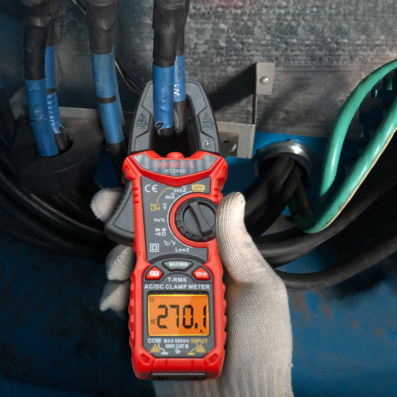 KAIWEETS HT206D Digital Clamp Meter T-RMS 6000 Counts, Multimeter Voltage Tester Auto-ranging, Measures Current Voltage Temperature Capacitance Resistance Diodes Continuity Duty-Cycle (AC/DC Current)