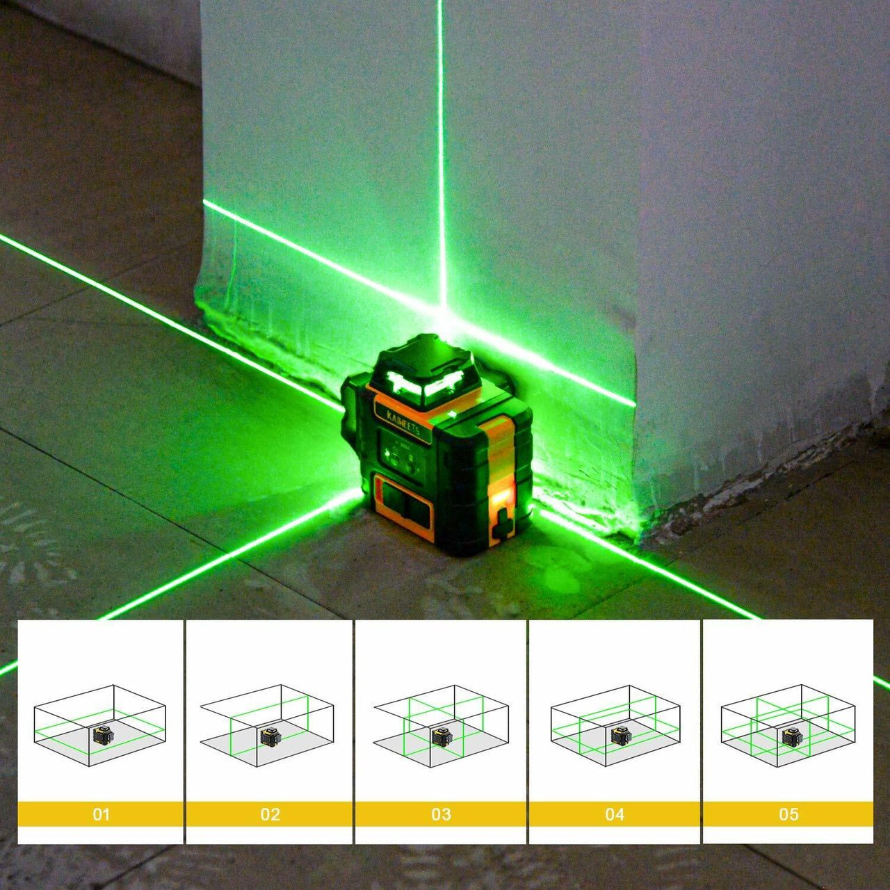 KAIWEETS KT360A Green Laser Level 3 X 360° Rotary Self Leveling with 1 Rechargeable Battery